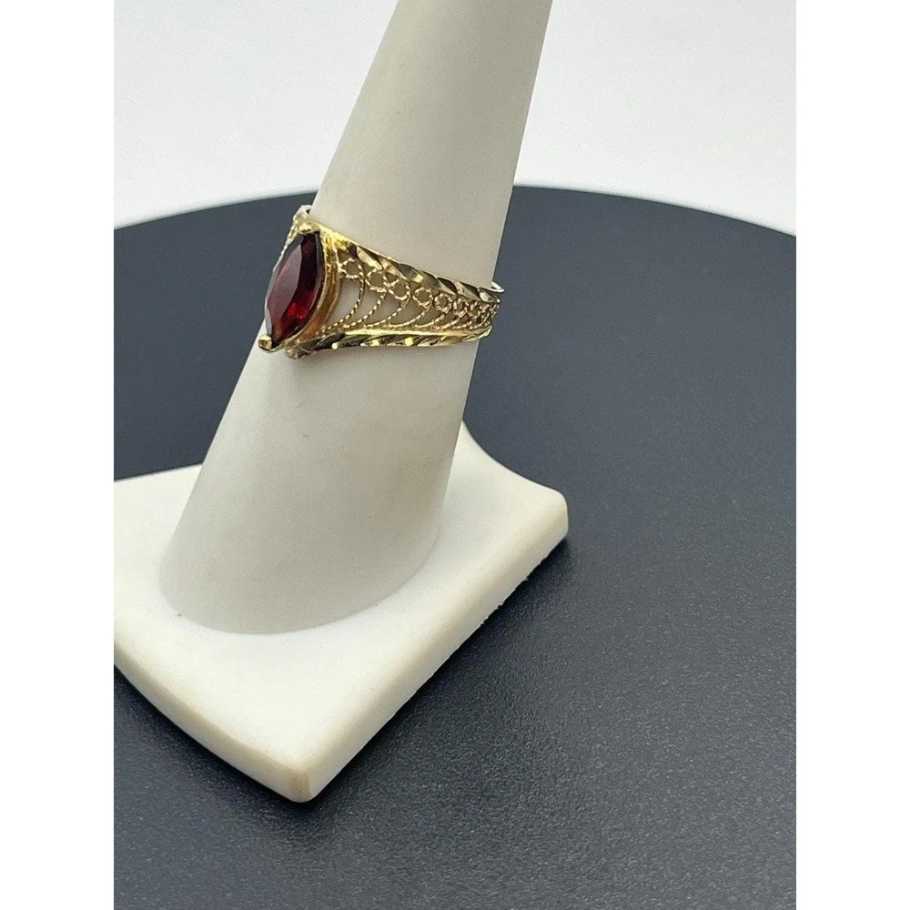 Designer 10K Yellow Gold Marquise Red Prong Garnet Ring Vintage Estate 7.25 1 Ct
